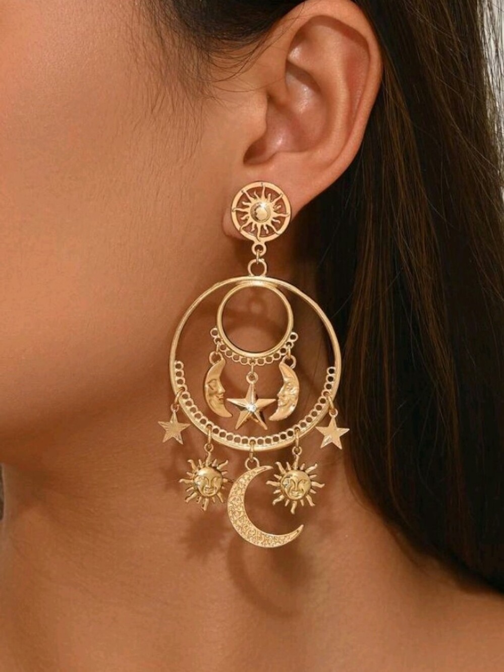NEW! 14K Gold Plated Stunning Celestial Moon & Sun Drop Earrings - Women Jewelry